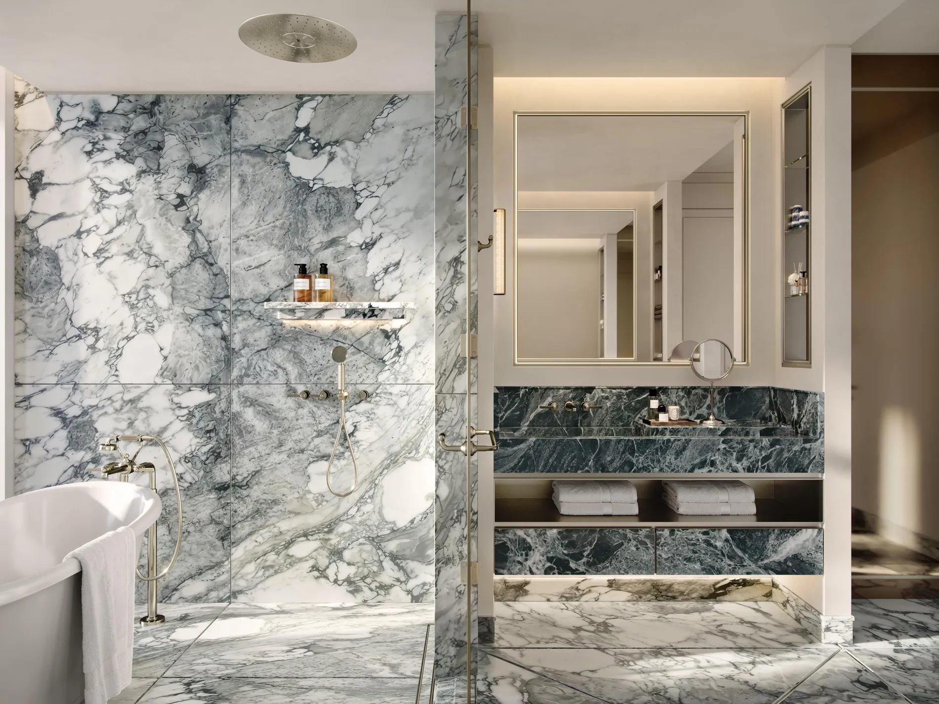 Primary bathroom in expressive marble — The Carlyle Residences Dubai