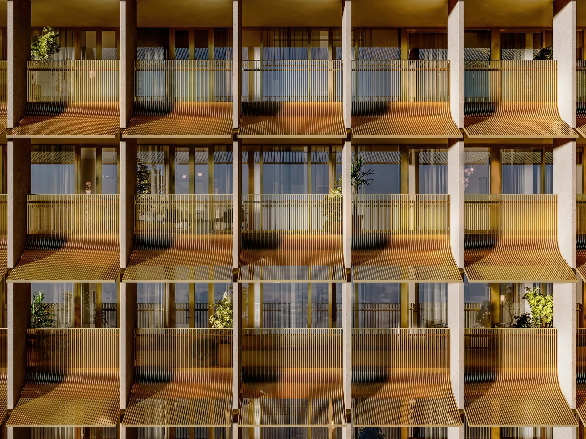 Golden lattice façade at dusk