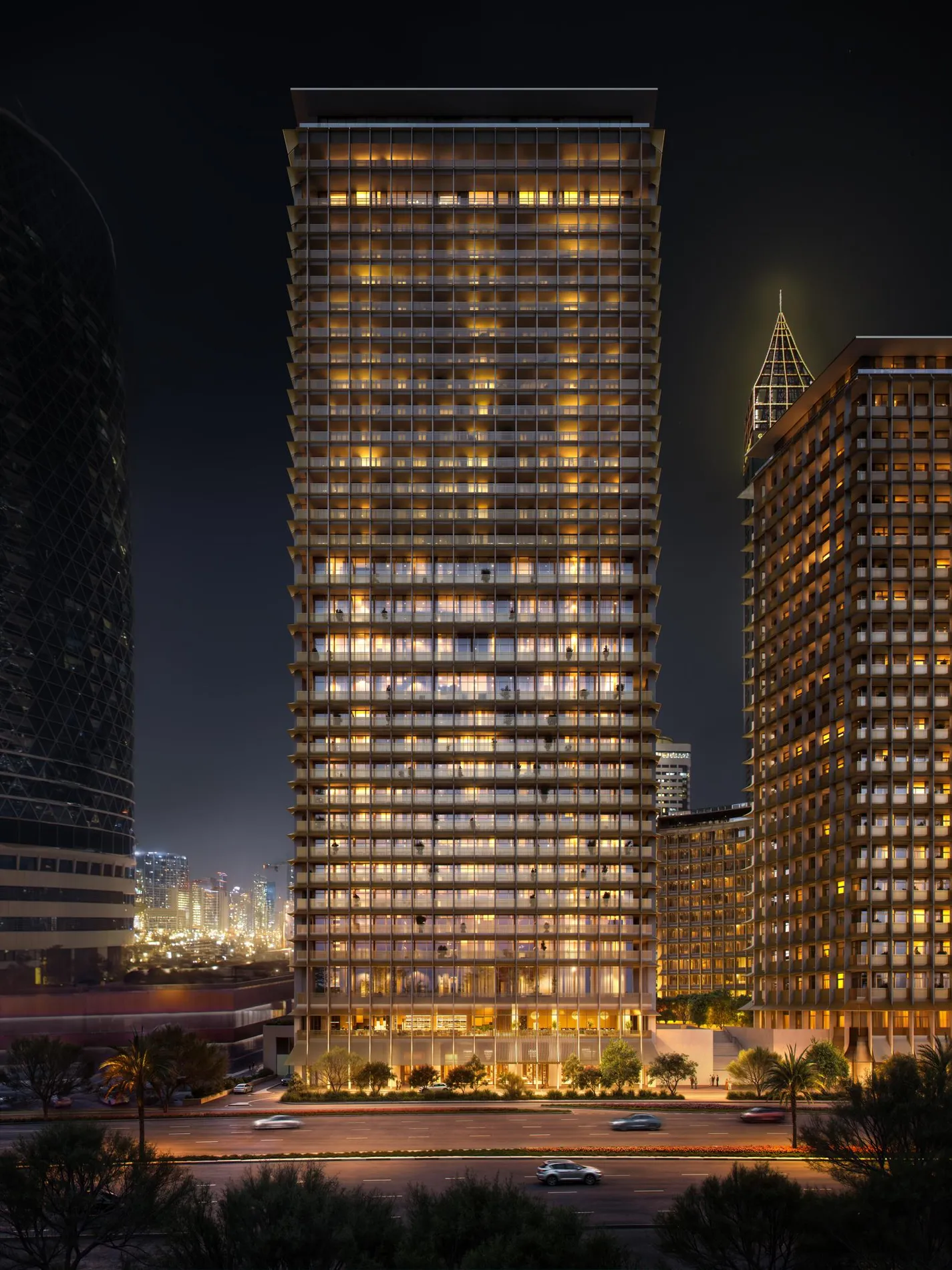 Carlyle Residences Dubai tower at night in DIFC